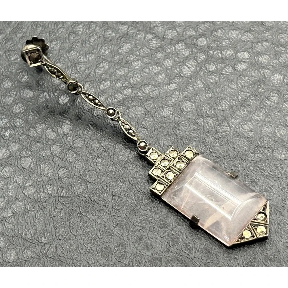 Art Deco Germany Rose Quartz Marcasite Sterling Silver Screw Back Single Earring